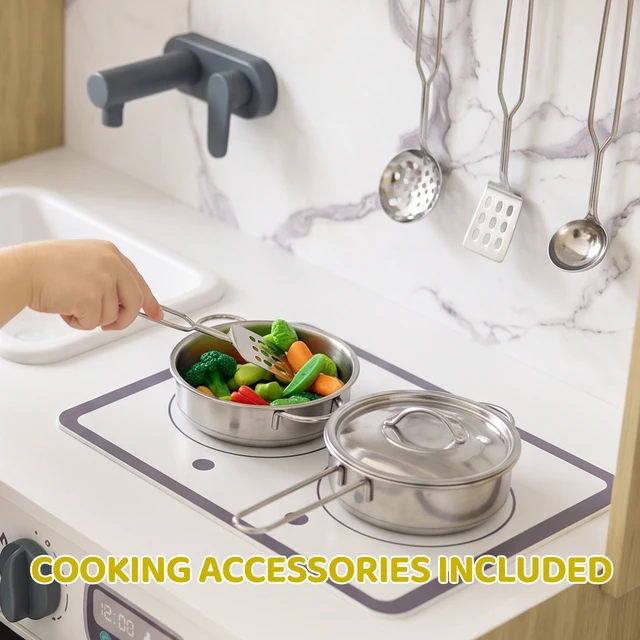 Alt view image 3 of 7 - Play Kitchen Set for Kids, Convertible Table and Chair Set with Stool Pretend Play Kitchen Playset with Sink Oven