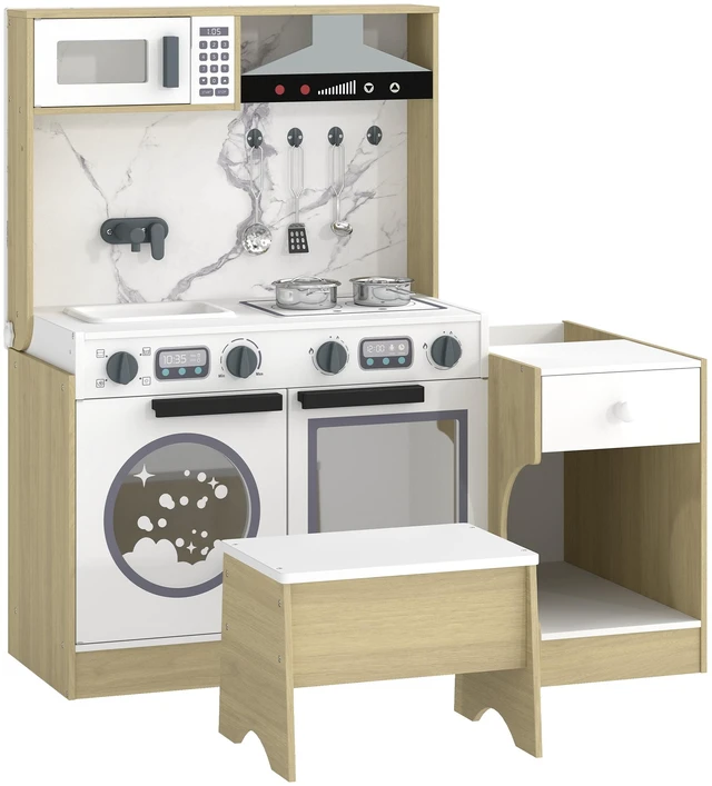 Main image of Play Kitchen Set for Kids, Convertible Table and Chair Set with Stool Pretend Play Kitchen Playset with Sink Oven