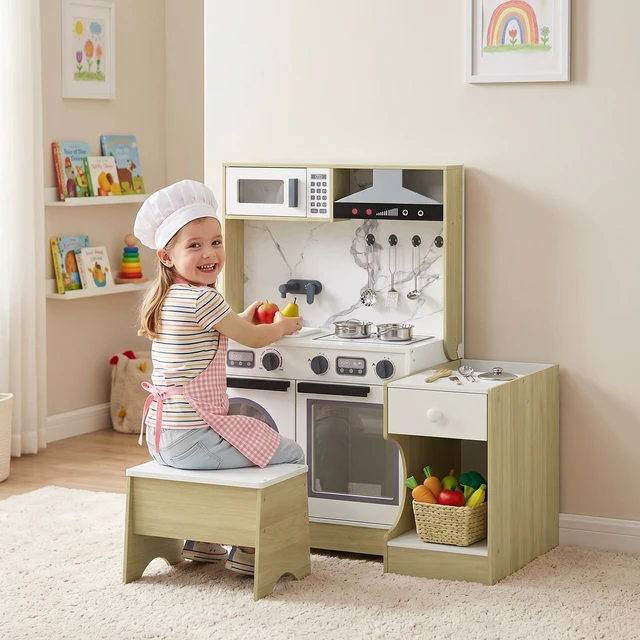 Alt view image 2 of 7 - Play Kitchen Set for Kids, Convertible Table and Chair Set with Stool Pretend Play Kitchen Playset with Sink Oven