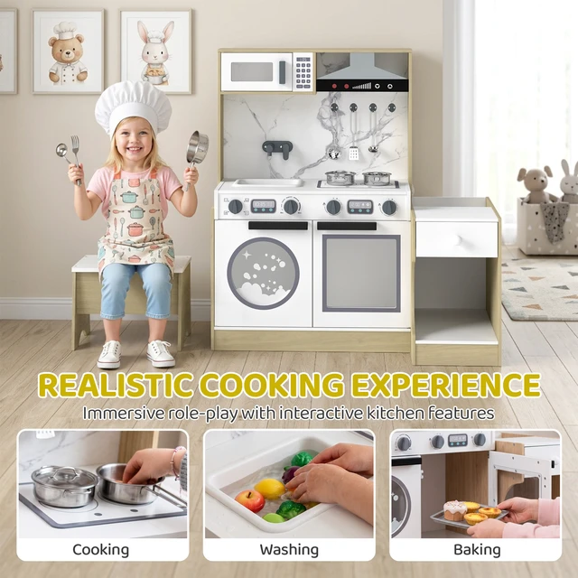 Alt view image 5 of 7 - Play Kitchen Set for Kids, Convertible Table and Chair Set with Stool Pretend Play Kitchen Playset with Sink Oven