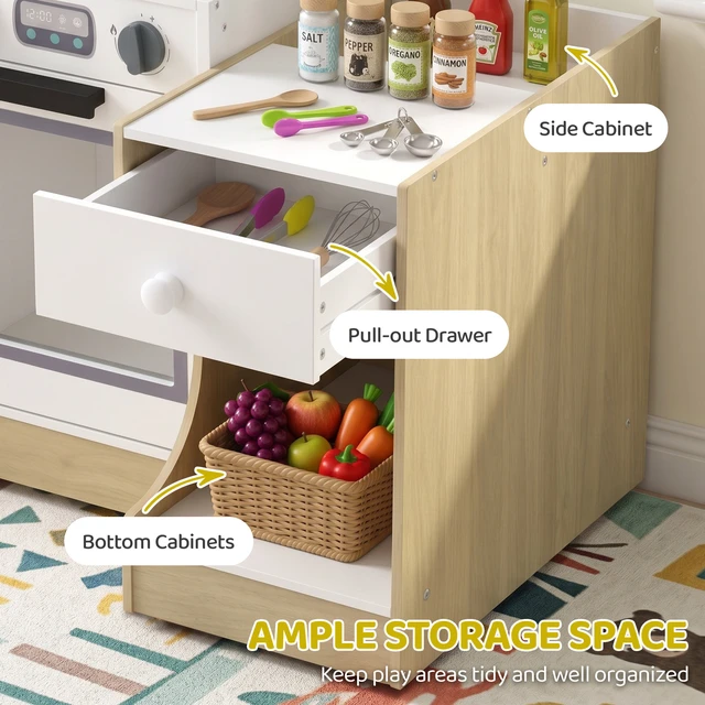Alt view image 4 of 7 - Play Kitchen Set for Kids, Convertible Table and Chair Set with Stool Pretend Play Kitchen Playset with Sink Oven