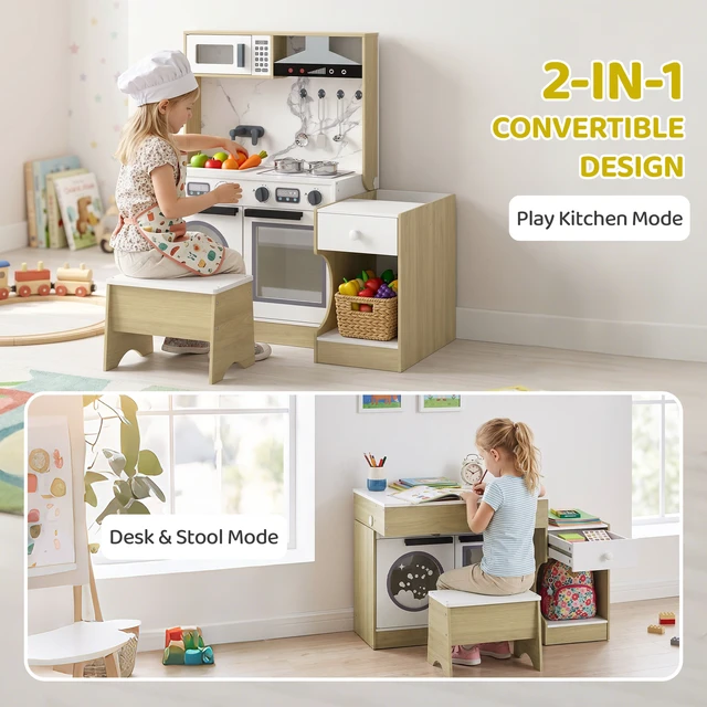 Alt view image 6 of 7 - Play Kitchen Set for Kids, Convertible Table and Chair Set with Stool Pretend Play Kitchen Playset with Sink Oven
