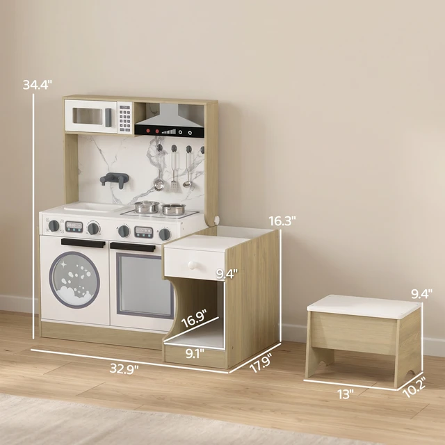 Alt view image 7 of 7 - Play Kitchen Set for Kids, Convertible Table and Chair Set with Stool Pretend Play Kitchen Playset with Sink Oven