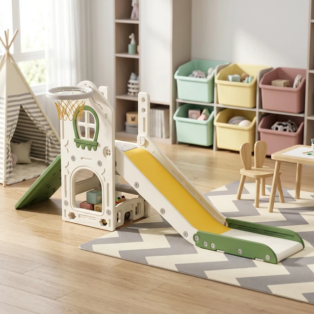 Alt view image 2 of 7 - Toddler Slide, Foldable 5 in Kids Indoor Playset with Ladder Climbing Wall Basketball Hoop Storage Space and Basketball