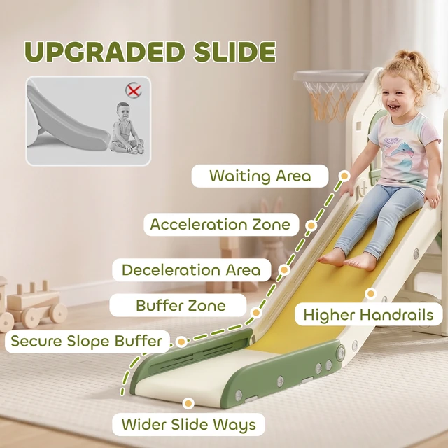 Alt view image 4 of 7 - Toddler Slide, Foldable 5 in Kids Indoor Playset with Ladder Climbing Wall Basketball Hoop Storage Space and Basketball