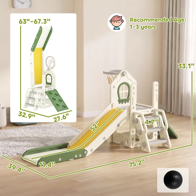 Alt view image 7 of 7 - Toddler Slide, Foldable 5 in Kids Indoor Playset with Ladder Climbing Wall Basketball Hoop Storage Space and Basketball