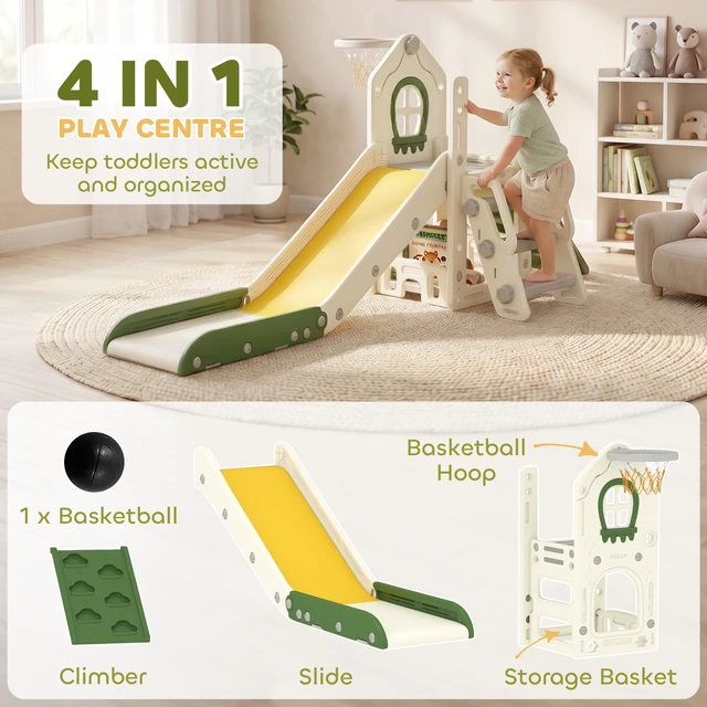 Alt view image 6 of 7 - Toddler Slide, Foldable 5 in Kids Indoor Playset with Ladder Climbing Wall Basketball Hoop Storage Space and Basketball