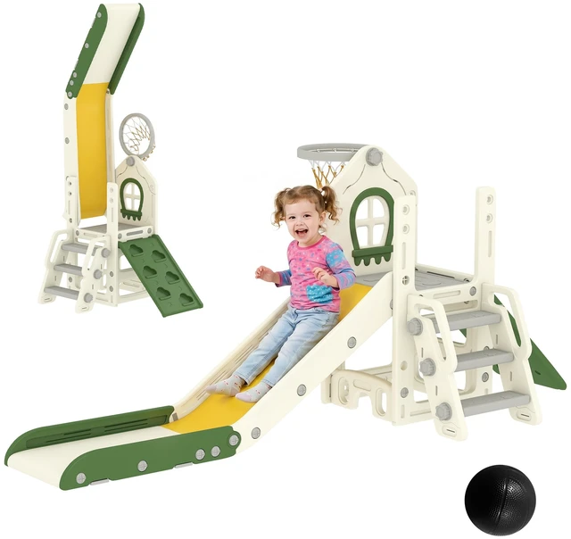 Main image of Toddler Slide, Foldable 5 in Kids Indoor Playset with Ladder Climbing Wall Basketball Hoop Storage Space and Basketball
