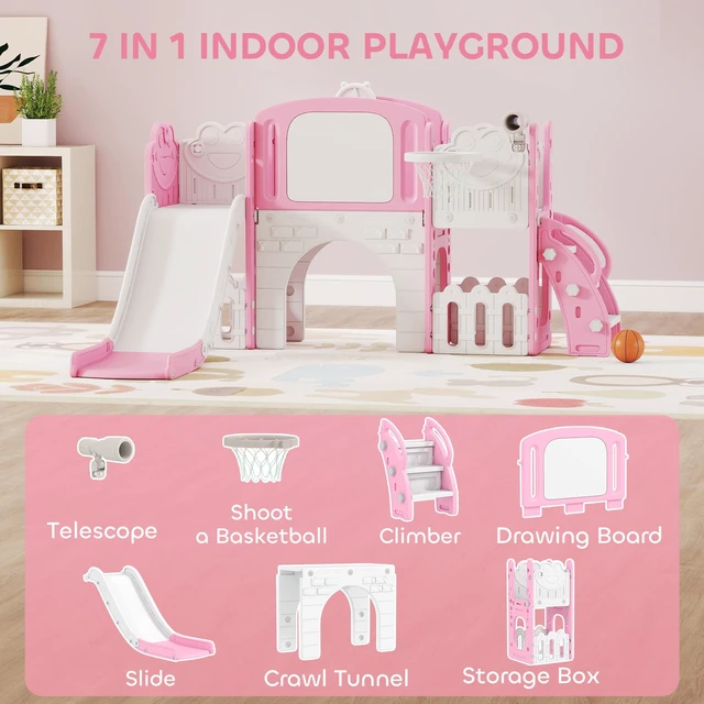 Alt view image 6 of 7 - Toddler Slide, 7 in Kids Slide with Climber Basketball Hoop Telescope Drawing Board Storage Box Indoor Outdoor