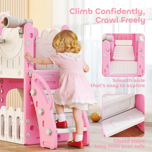 Alt view image 3 of 7 - Toddler Slide, 7 in Kids Slide with Climber Basketball Hoop Telescope Drawing Board Storage Box Indoor Outdoor