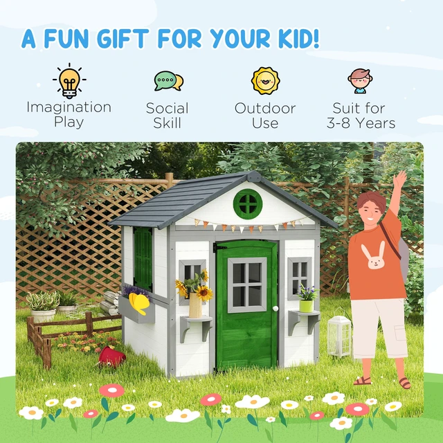 Alt view image 3 of 7 - Outdoor Kids Playhouse, Wooden Outdoor Play with Dutch Door Windows Flower Holders and Boxes for Toddlers 3 Years
