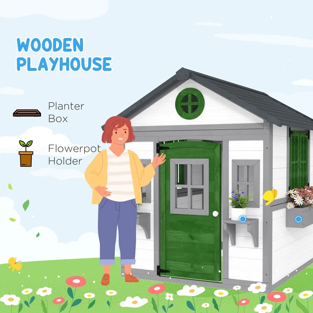 Alt view image 6 of 7 - Outdoor Kids Playhouse, Wooden Outdoor Play with Dutch Door Windows Flower Holders and Boxes for Toddlers 3 Years