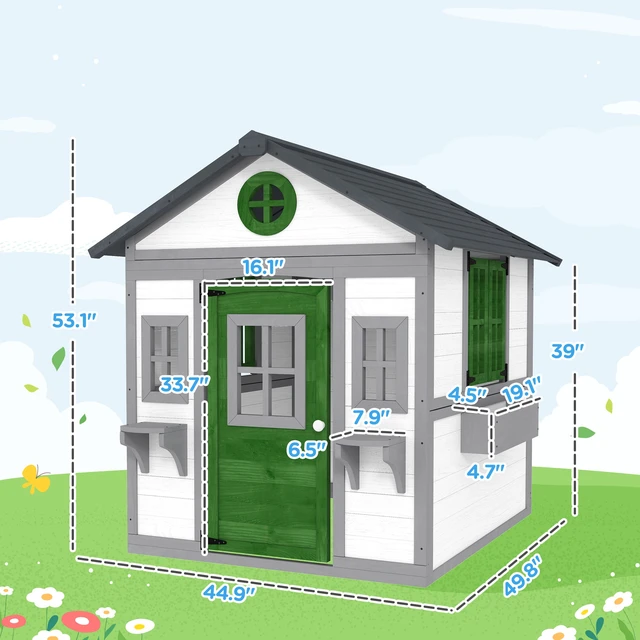 Alt view image 7 of 7 - Outdoor Kids Playhouse, Wooden Outdoor Play with Dutch Door Windows Flower Holders and Boxes for Toddlers 3 Years