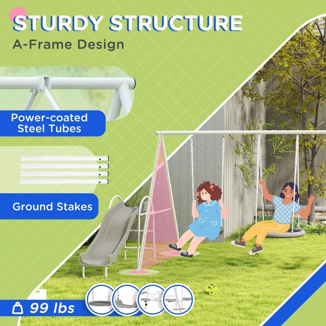 Alt view image 6 of 7 - 693 LBS Metal Swing Set for Kids, 5 in Outdoor Playset with Heavy Duty Frame Stand 29.5 Inch Saucer Swing Slide Teeter