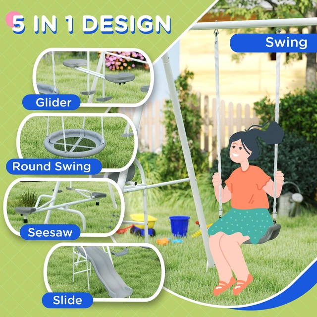 Alt view image 7 of 7 - 693 LBS Metal Swing Set for Kids, 5 in Outdoor Playset with Heavy Duty Frame Stand 29.5 Inch Saucer Swing Slide Teeter