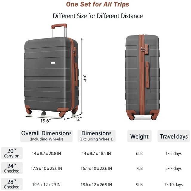 Alt view image 4 of 7 - 4 Piece Luggage Set 20 in Carry, 28 in Checked Suitcase with TSA Lock Travel Duffel Bag Wet Dry Toiletry Bag, Grey