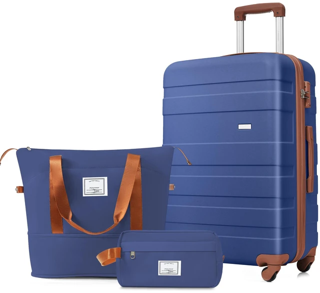 Main image of 3 Piece Luggage Set 24 in Checked Suitcase with TSA Lock Travel Duffel Bag Wet Dry Toiletry Bag, Navy, ABS, Hard Case