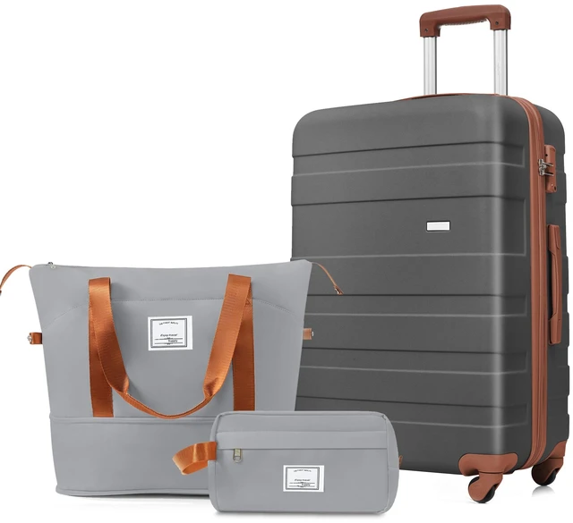 Main image of 3 Piece Luggage Set 24 in Checked Suitcase with TSA Lock Travel Duffel Bag Wet Dry Toiletry Bag, Grey, ABS, Hard Case