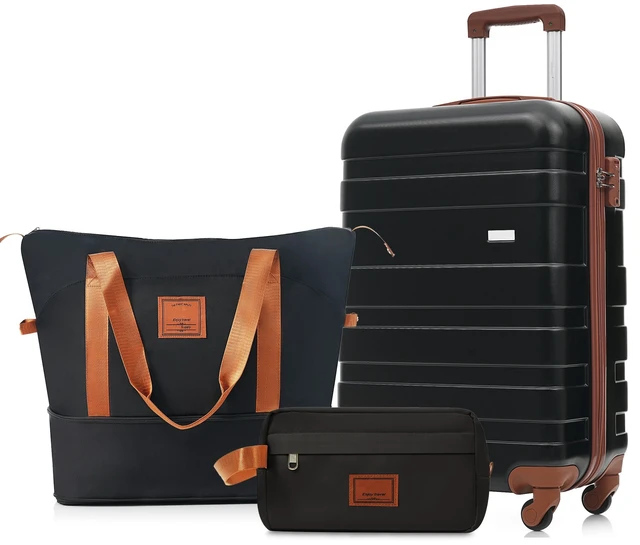 Main image of 3 Piece Luggage Set 20 in Suitcase with TSA Lock Travel Duffel Bag Wet Dry Toiletry Bag, Black, ABS, Hard Case Luggage