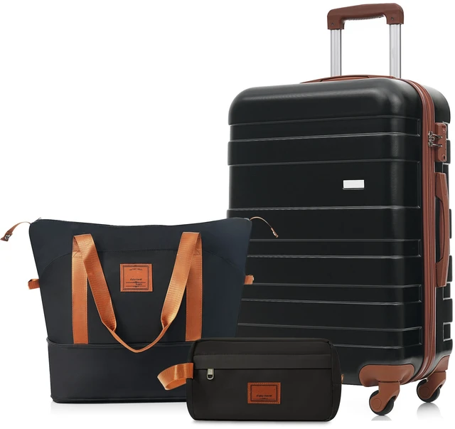 Main image of 3 Piece Luggage Set 28 in Checked Suitcase with TSA Lock Travel Duffel Bag Wet Dry Toiletry Bag, Black, ABS, Hard Case