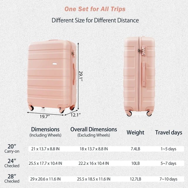 Alt view image 3 of 7 - 3 Piece Luggage Set 24 in Checked Suitcase with TSA Lock Travel Duffel Bag Wet Dry Toiletry Bag, Pink, ABS, Hard Case
