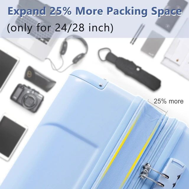 Alt view image 4 of 7 - Hardshell Luggage, Lightweight ABS Suitcases with Double Wheels Expandable 24 Inch Checked Travel Luggage Skyblue, Sky