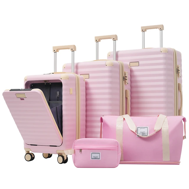 Alt view image 2 of 7 - Luggage Sets 5 Piece with Front Opening, Hardside Expandable Carry Suitcase with Spinner Wheels TSA Lock USB Port Cup