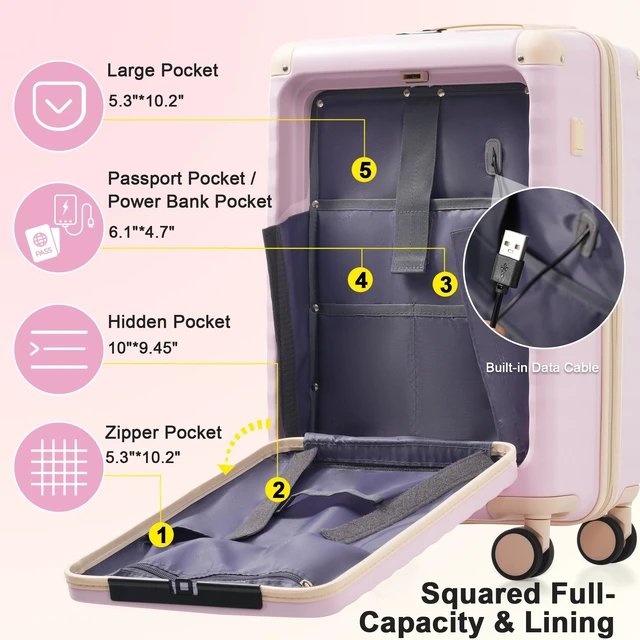 Alt view image 7 of 7 - Luggage Sets 5 Piece with Front Opening, Hardside Expandable Carry Suitcase with Spinner Wheels TSA Lock USB Port Cup