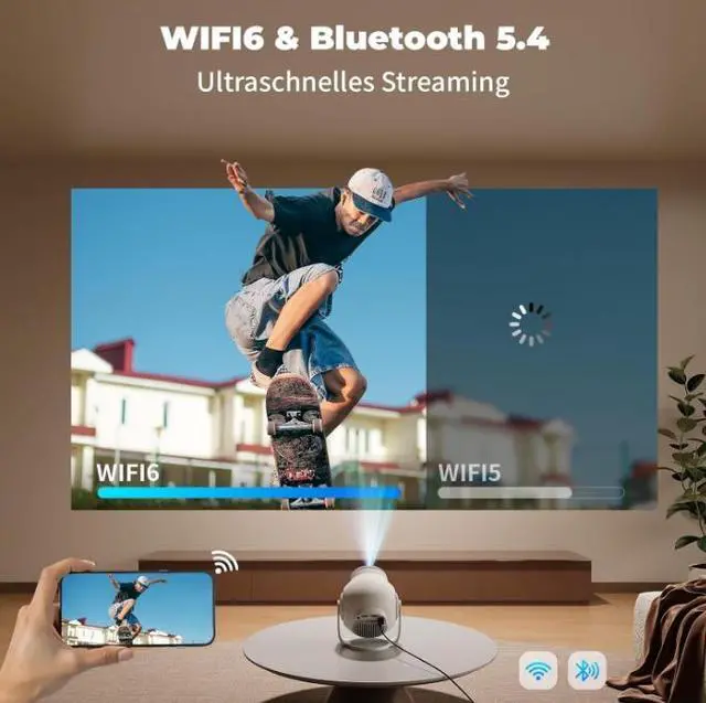 Alt view image 2 of 7 - Mini Projector, Projector, Mini Projector 1080P Full HD, 480 ANSI Lumens, Android 14 System, 8K Decoding, WiFi 6 Bluetooth 5.4, Automatic Keystone Correction, 180° Rotation, Projector 4K Home Cinema