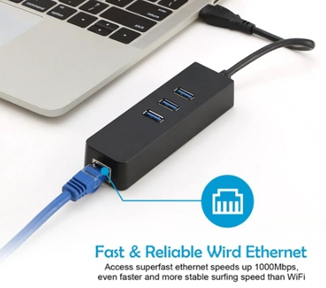 Alt view image 3 of 6 - 3 Ports USB 3.0 Hub Gigabit Ethernet Adapter 10/100/1000 Mbps Converter LAN RJ45 Wired USB Network Adapter