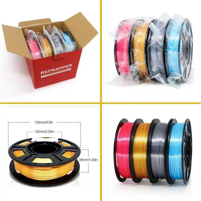 Alt view image 6 of 7 - 4x250g Pack of Silk PLA Filament for 3D Printer, 1.75 mm (± 0.03 mm), Silky Shiny - 4x250g Spools Pink, Gold, Blue, Silver