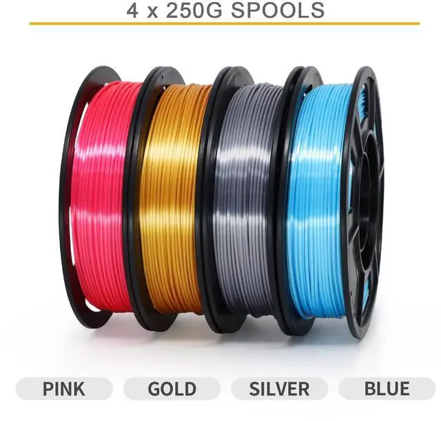 Alt view image 4 of 7 - 4x250g Pack of Silk PLA Filament for 3D Printer, 1.75 mm (± 0.03 mm), Silky Shiny - 4x250g Spools Pink, Gold, Blue, Silver