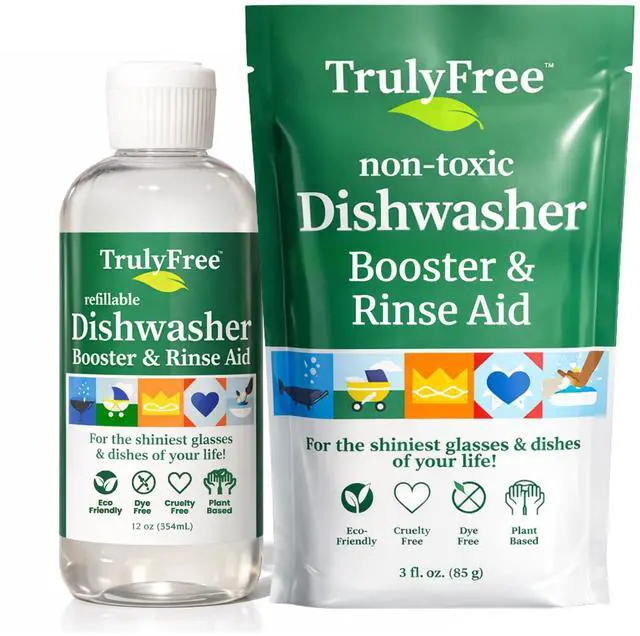 Main image of Natural Dishwasher Booster & Rinse Aid Kit - Non-Toxic Dishwashing Aid Formula, Removes Residue & Tough Dish Stains, Water Spot Remover - 12 oz Reusable Empty Bottle + One Fill, 3 oz