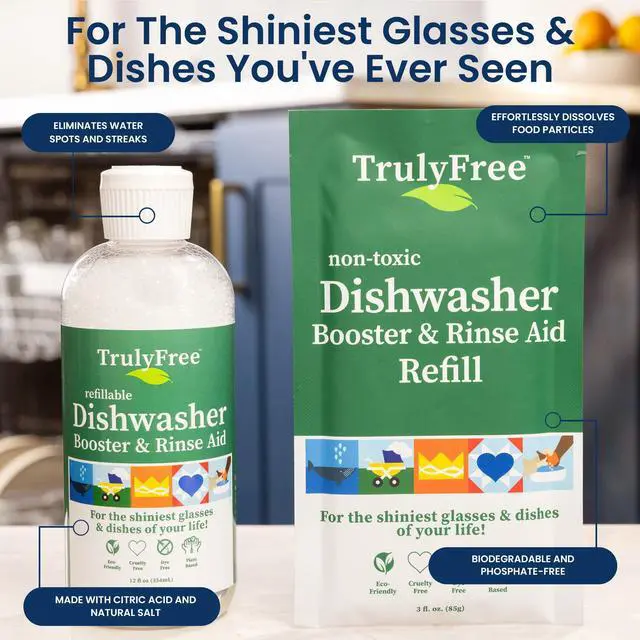 Alt view image 3 of 7 - Natural Dishwasher Booster & Rinse Aid Kit - Non-Toxic Dishwashing Aid Formula, Removes Residue & Tough Dish Stains, Water Spot Remover - 12 oz Reusable Empty Bottle + One Fill, 3 oz