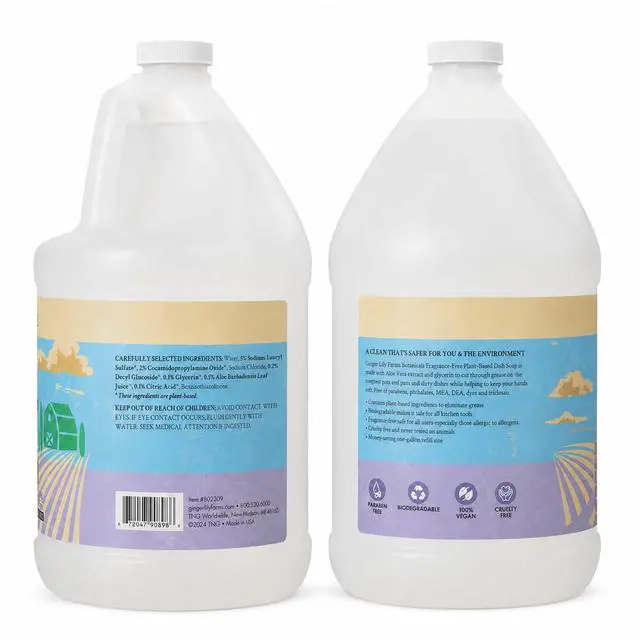 Alt view image 2 of 7 - Botanicals Plant-Based Liquid Dish Soap, Concentrated Formula with Max Grease Cleaning Power, Cruelty-Free, Fragrance-Free, 1 Gallon Refill (128 Fl. Oz.), Clear