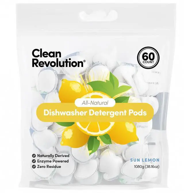 Main image of All Natural Dishwasher Detergent Pods, 60 Pods, Enzyme Powered, No Chemical Additives, No Residue - SUN LEMON - Made in USA