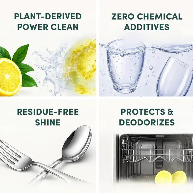 Alt view image 3 of 5 - All Natural Dishwasher Detergent Pods, 60 Pods, Enzyme Powered, No Chemical Additives, No Residue - SUN LEMON - Made in USA