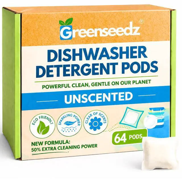 Main image of Dishwasher Detergent Pods Free & Clear, Unscented, Eco Friendly, Cuts Grease, 64 Count, Powerful Formula for Sparkling Clean Dishes, Automatic Dishwasher Safe