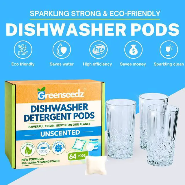 Alt view image 3 of 6 - Dishwasher Detergent Pods Free & Clear, Unscented, Eco Friendly, Cuts Grease, 64 Count, Powerful Formula for Sparkling Clean Dishes, Automatic Dishwasher Safe