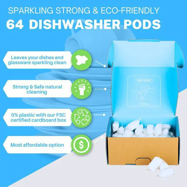 Alt view image 2 of 6 - Dishwasher Detergent Pods Free & Clear, Unscented, Eco Friendly, Cuts Grease, 64 Count, Powerful Formula for Sparkling Clean Dishes, Automatic Dishwasher Safe