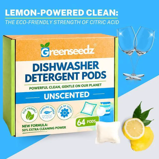 Alt view image 4 of 6 - Dishwasher Detergent Pods Free & Clear, Unscented, Eco Friendly, Cuts Grease, 64 Count, Powerful Formula for Sparkling Clean Dishes, Automatic Dishwasher Safe