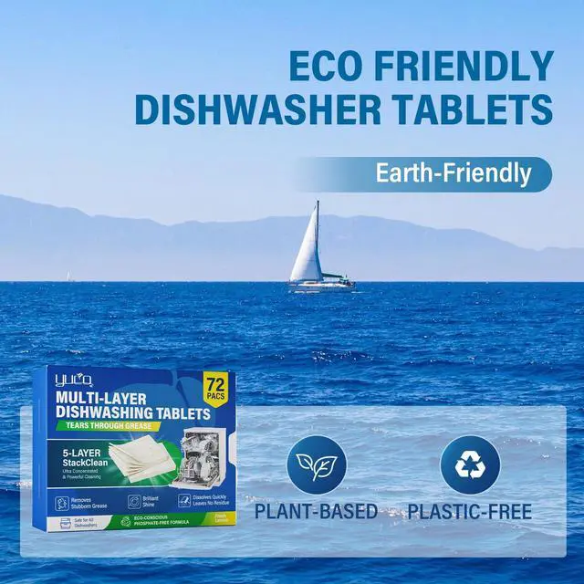 Alt view image 4 of 7 - Dishwasher Detergent Tablets 72 Count: 5 Layer Powerful Dishwasher Detergent Eco-Friendly No Plastic Liquid-Free Dish Soap Cleaner Tab, Use in Dishwasher (Lemon)