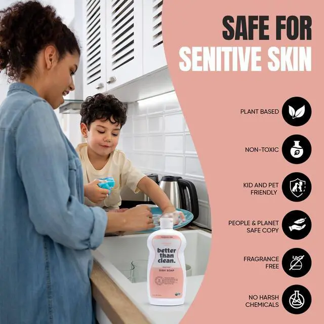 Alt view image 3 of 6 - Fragrance Free 2-Pack Dish Soap 97% Plant-Based, Hypoallergenic, Non-Toxic, Cuts Grease & Food Residue Dishwashing Liquid with No Fragrance, Dyes or Harsh Chemicals EWG A Rated