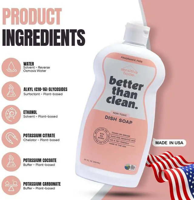 Alt view image 2 of 6 - Fragrance Free 2-Pack Dish Soap 97% Plant-Based, Hypoallergenic, Non-Toxic, Cuts Grease & Food Residue Dishwashing Liquid with No Fragrance, Dyes or Harsh Chemicals EWG A Rated