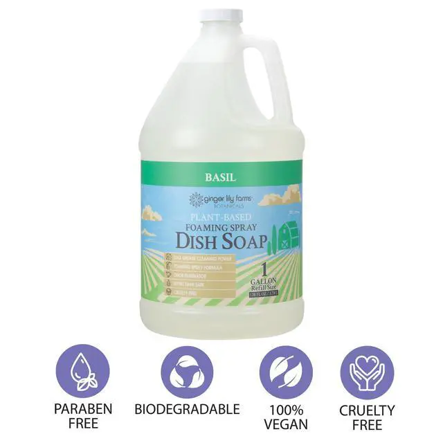 Alt view image 5 of 6 - Botanicals Plant-Based Foaming Spray Dish Soap, Concentrated Formula with Max Grease Cleaning Power, Cruelty-Free, Basil Scent, 1 Gallon Refill (128 Fl Oz)