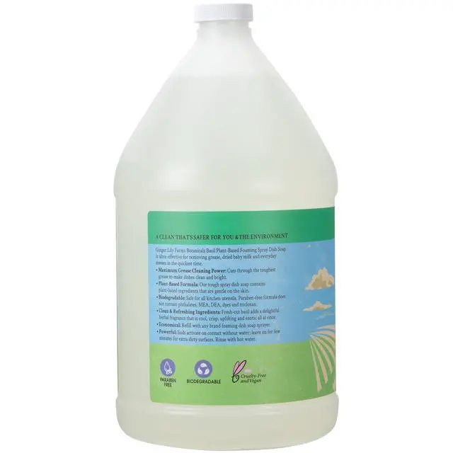 Alt view image 3 of 6 - Botanicals Plant-Based Foaming Spray Dish Soap, Concentrated Formula with Max Grease Cleaning Power, Cruelty-Free, Basil Scent, 1 Gallon Refill (128 Fl Oz)