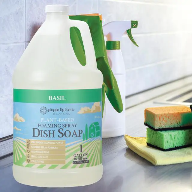 Alt view image 6 of 6 - Botanicals Plant-Based Foaming Spray Dish Soap, Concentrated Formula with Max Grease Cleaning Power, Cruelty-Free, Basil Scent, 1 Gallon Refill (128 Fl Oz)