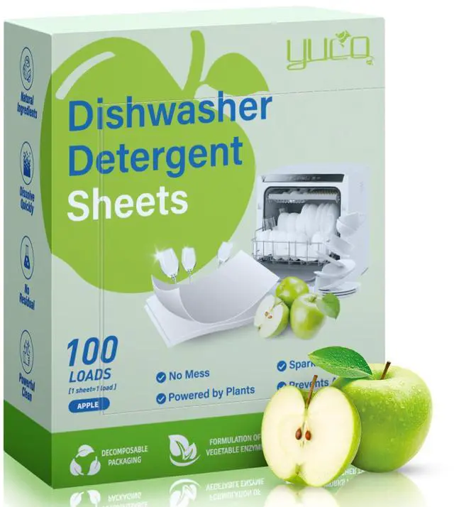 Main image of Dishwasher Detergent Sheets 100 Loads Liquid-Free Dish Soap Cleaner Strips Eco-Friendly No Plastic Dishwasher Pods Detergent Use in Dishwasher or Sink Leaving Dishes Sparkling Clean (Apple)