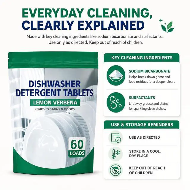 Alt view image 2 of 6 - Premium Dishwasher Tablets - Lemon Verbena, 60-Count. Advanced Grease & Odor Removal Formula for Sparkling Clean Dishes. (60 Count)