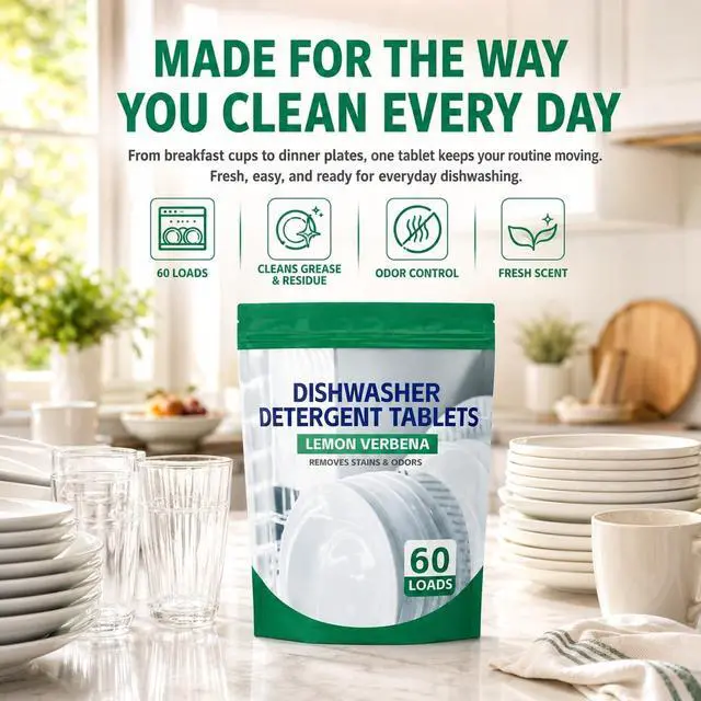 Alt view image 3 of 6 - Premium Dishwasher Tablets - Lemon Verbena, 60-Count. Advanced Grease & Odor Removal Formula for Sparkling Clean Dishes. (60 Count)